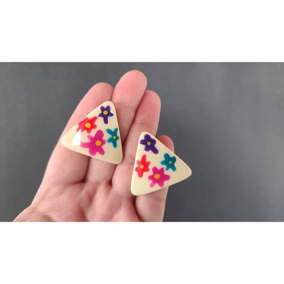 80s Triangular Floral Earrings - Picture 7 of 10